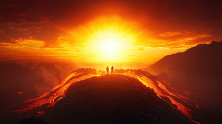 Scientists studying volcanic eruption focused observations expansive lava flow backdrop vibrant sunset hues high vantage pointの素材