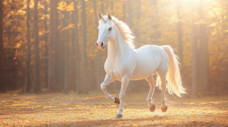 Whimsical unicorn prancing through magical forest vibrant colors splashed bright afternoon light overhead view playful vibeの素材