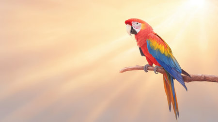 Vibrant parrot perched on a branch artist painting with watercolors cheerful atmosphere bright sunlight overhead shotの素材