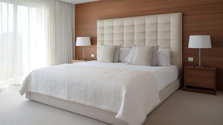 Stylish bedroom renovation featuring a bespoke headboard, warm textured walls, and personalized lighting for a cozy atmosphereの素材