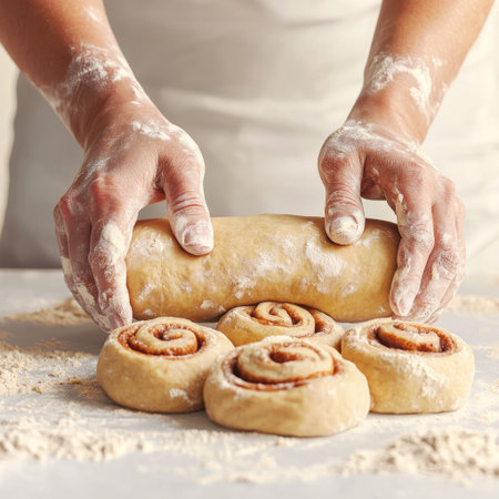Baker's hands rolling dough for cinnamon rolls focused expression flour-dusted kitchen dramatic side lighting, Realistic Photo, isolate on white backgroundの素材