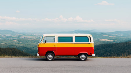 Colorful budget travel van driving through scenic countryside, low-cost transportation, adventure on a budgetの素材