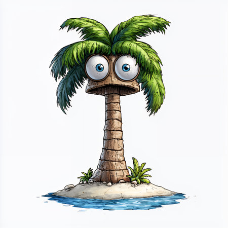Cartoonish palm tree with large eyes on a small island.の素材