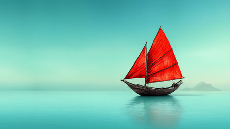 Sailing boat with red sails on tranquil blue water.の素材