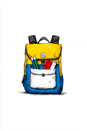 Backpack with school supplies in a vibrant illustration style.の素材