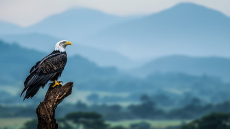 Majestic eagle perched on a tree against a misty mountain backdrop.の素材