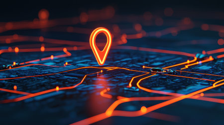 Futuristic map with glowing location pin and network lines.の素材