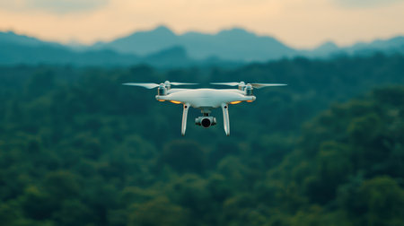 Drone flying over a lush green landscape with mountains in the background.の素材