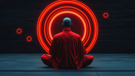 Meditative figure in a vibrant, circular backdrop.の素材