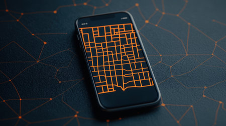 Smartphone displaying a city map with a network design background.の素材