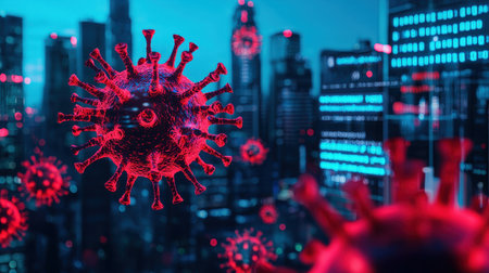 Virus graphic overlaying a city skyline at night.の素材