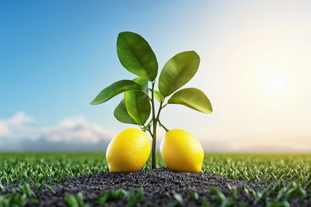 Lemon tree sprouting with fruit against a clear sky backdrop.の素材