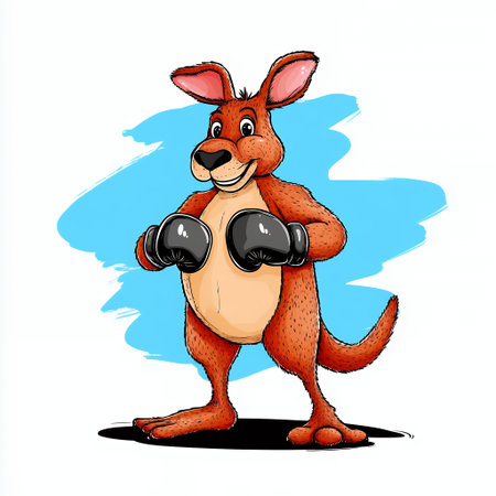 Cheerful kangaroo wearing boxing gloves against a colorful background.の素材