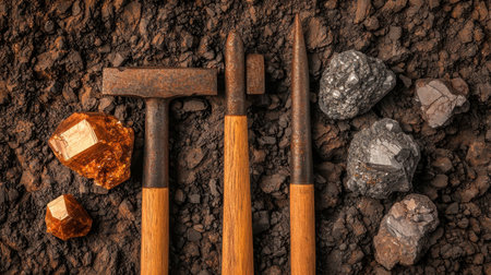 Rustic mining tools beside raw non-metallic minerals warm sunset glow atmospheric depth shot nostalgic feel, Realistic Photoの素材