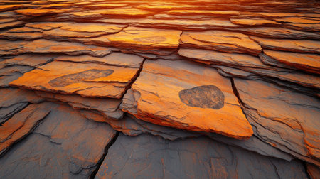 Rock strata with fossil imprints detailed textures emphasized soft diffused light slightly tilted angle natural preserve, Realistic Photoの素材