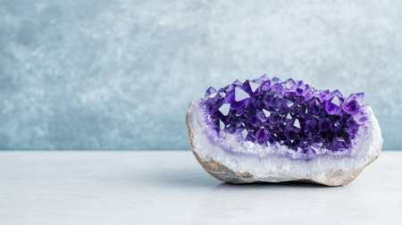 Beautiful amethyst geode with rich purple hues spotlight illumination dramatic side angle elegant white marble surface, Realistic Photoの素材