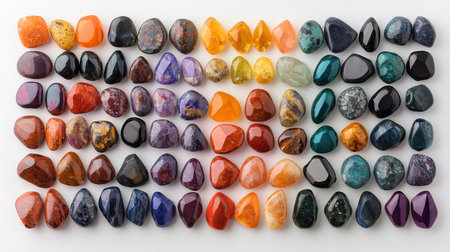 Vibrant selection of natural gemstones arranged in a rainbow pattern soft natural light eye-level angle inviting atmosphere, Realistic Photoの素材