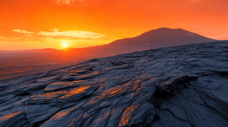 Volcanic basalt formations rugged landscape majestic sunset backdrop golden hour lighting wide-angle panoramic shot, Realistic Photoの素材