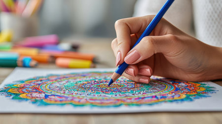 Close-up of an artist's hand coloring a mandala detailed patterns visible serene mood warm indoor lighting macro perspective, Realistic Photoの素材