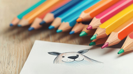 Close-up of colorful pencils beside half-finished animal page creative chaos warm ambiance angled view home desk, Realistic Photoの素材