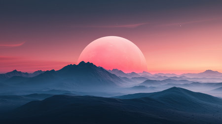 Distant planet landscape glowing moons surreal colors mysterious atmosphere panoramic shot dreamy perspective, Realistic Photoの素材