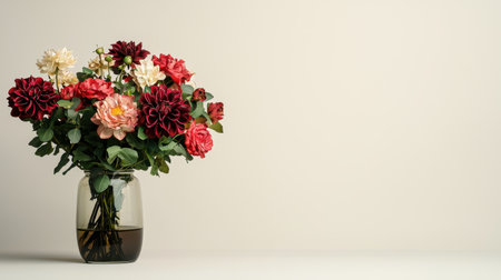 Still life of dark flowers in a glass vase moody lighting rich textures overhead angle, Realistic Photoの素材