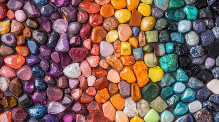 Vibrant selection of natural gemstones arranged in a rainbow pattern soft natural light eye-level angle inviting atmosphere, Realistic Photoの素材