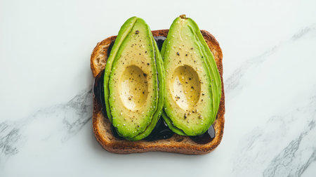 Avocado toast with balsamic glaze on a marble slab minimalist decor dramatic shadow play eye-catching composition close-up, Realistic Photoの素材