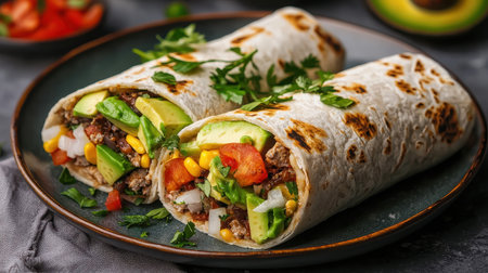 Breakfast burrito with avocado slices colorful plate fresh ingredients surrounding warm golden hour light angled shot, Realistic Photoの素材