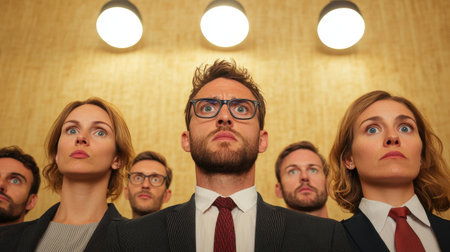 Business team discussing budget cuts determined expressions corporate boardroom dramatic spotlighting low-angle shot, Realistic Photoの素材