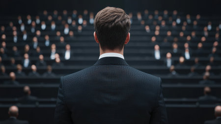 Finance seminar speaker engaging audience animated gestures large conference room spotlighting front angle view., Realistic Photoの素材