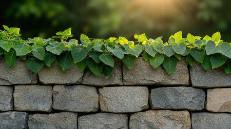 Historic stone wall with ivy soft sunlight filtering through leaves tranquil garden setting wide shot for depth, Realistic Photoの素材