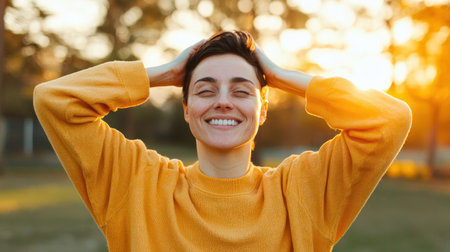 Person enjoying a pain-free moment in nature smiling and stretching serene park setting soft golden light wide shot., Realistic Photoの素材