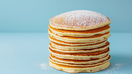 Tall pancake stack dusted with powdered sugar cheerful breakfast scene bright and airy overhead shot vibrant colors, Realistic Photoの素材