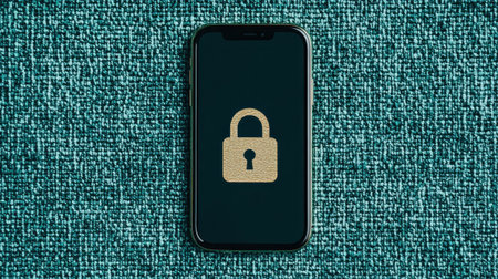 Traveler booking a first-class flight on a smartphone with a padlock icon and encrypted payment details, safe online transaction --chaos 10の素材