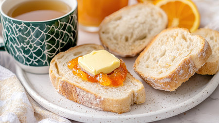 Toasted bread with butter and marmalade steaming cup of tea beside cozy morning vibe soft focus eye-level perspective, Realistic Photoの素材