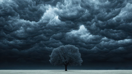 Storm clouds brewing ominously dynamic composition dark lighting close-up shot of a lone tree silhouette, Realistic Photoの素材
