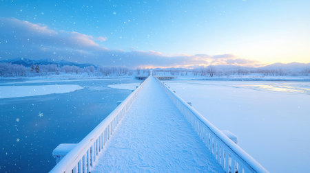 Snow-covered bridge over a frozen river soft falling snowflakes tranquil vibe golden hour light elevated angleの素材