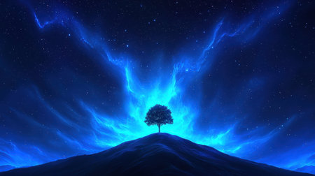 Lone tree against a starry sky serene atmosphere cool blue tones low angle shot hilltop landscapeの素材
