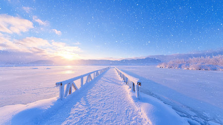 Snow-covered bridge over a frozen river soft falling snowflakes tranquil vibe golden hour light elevated angleの素材