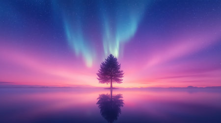 Lone pine tree framed by brilliant auroras calm lake reflection mystical aura twilight setting long exposure shotの素材