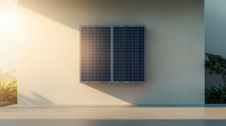 Sleek solar battery unit mounted on wall homeowner inspecting installation bright sunlight close-up angle modern home settingの素材