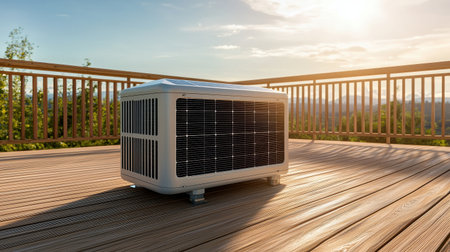 Sleek solar-powered generator on wooden deck bright sunlight serene outdoor setting wide angle eco-friendly vibeの素材