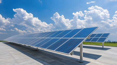 Modern solar tracker system in action solar panels tilting bright blue sky high contrast lighting aerial shotの素材