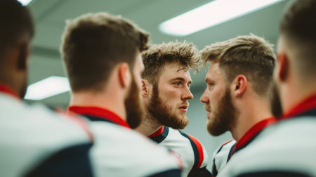 Team huddled post-touchdown strategizing and excited locker room atmosphere soft fluorescent lighting candid close-up, Realistic Photoの素材