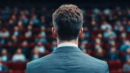 Professional giving a financial literacy seminar confident stance auditorium setting dramatic stage lighting wide shot., Realistic Photoの素材