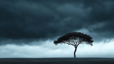 Storm clouds brewing ominously dynamic composition dark lighting close-up shot of a lone tree silhouette, Realistic Photoの素材