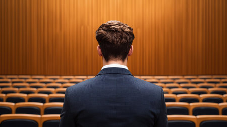 Professional giving a financial literacy seminar confident stance auditorium setting dramatic stage lighting wide shot., Realistic Photoの素材