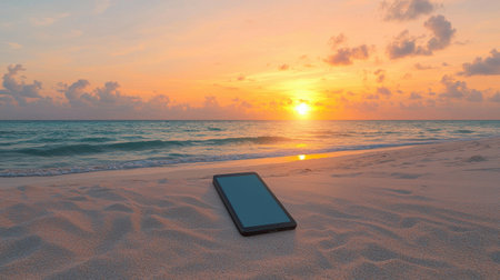 Solar power bank on sandy beach charging tablet vibrant sunset hues tranquil mood low angle view ocean waves in backgroundの素材