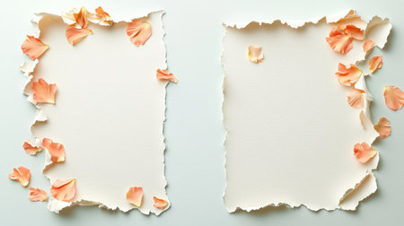 Torn parchment edges delicate flower petals scattered soft diffused light eye-level perspective nature-inspired settingの素材